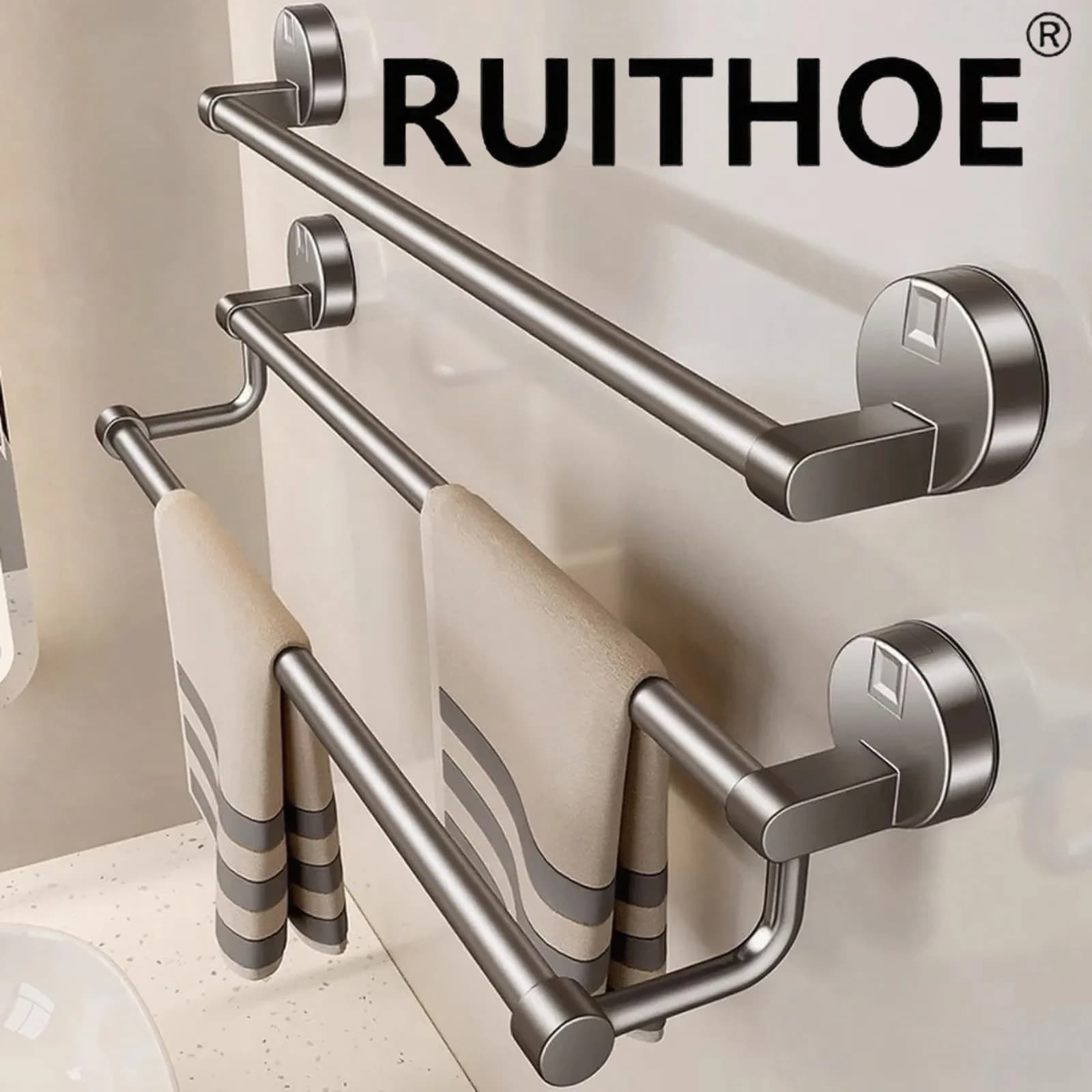 Ventosa Bagno Portasciugamani Supporto da parete Senza trapano 30/40/50 cm Portasciugamani Doppia barra 2 livelli Appartamento Salvaspazio