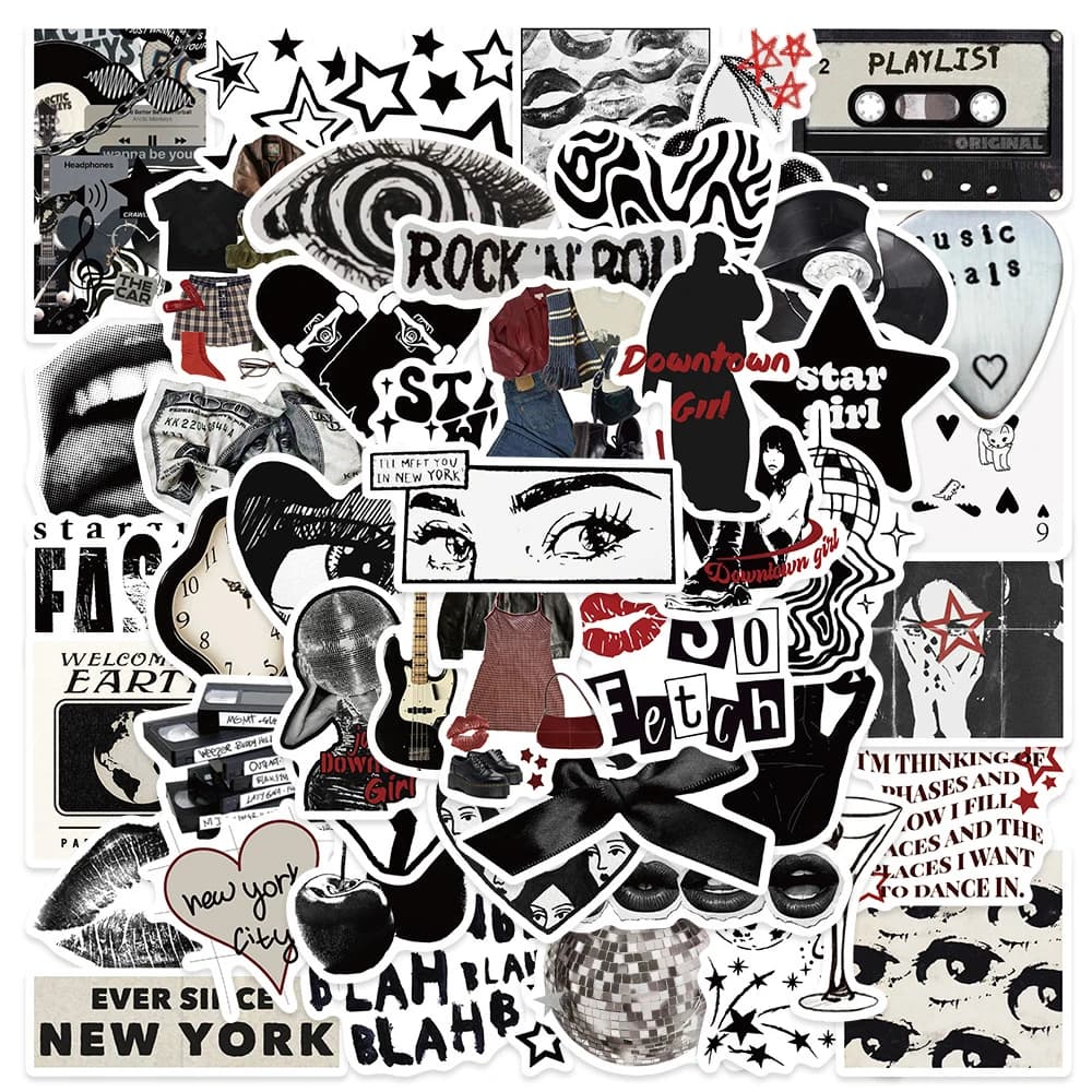 10/30/50pcs Black White Cartoon Y2K Aesthetic Stickers Cool Downtown Girls Decals Laptop Luggage Guitar Waterproof Sticker Decor