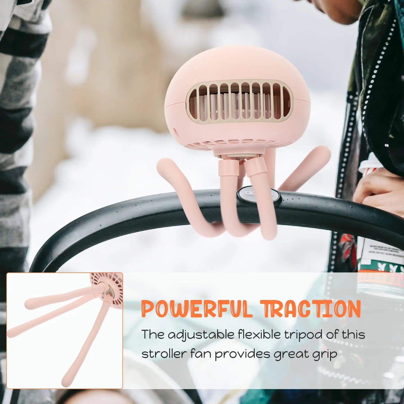 Set of 1 Fan Portable for Stroller, Adjustable with Flexible Tripod, USB Rechargeable, 130 Degree Oscillation, Multifunction, Small Robot