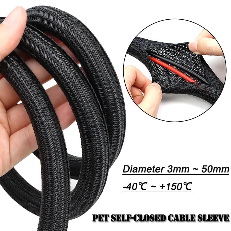 Guaina per cavi autochiudente in PET intrecciato nero da 2/10 m, diametro 3 mm ~ 50 mm, resistente all'usura, isolante, per organizzazione e gestione dei cavi