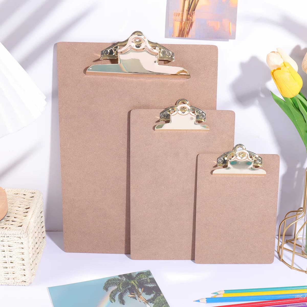 Cartella color legno con clip in metallo dorato Diverse dimensioni Porta biglietti portatile ed elegante per appunti Forniture di cancelleria per ufficio e scuola