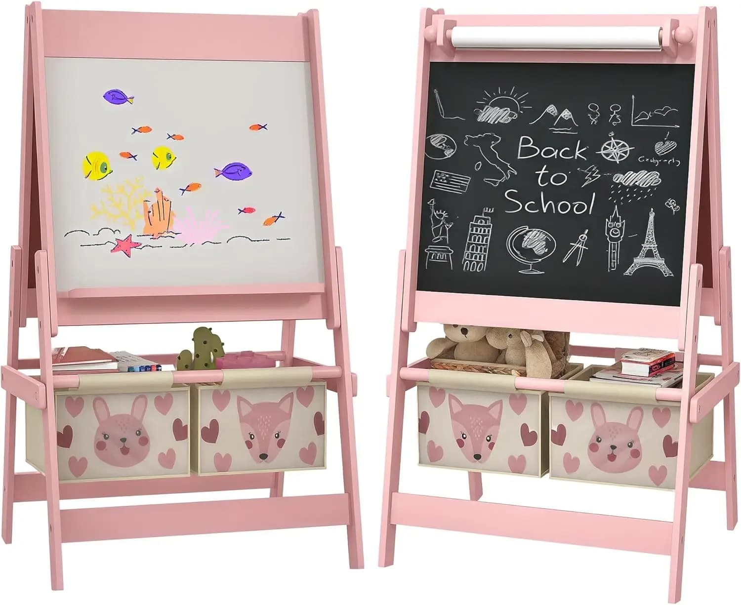 Cavalletto artistico per bambini con rotolo di carta, lavagna da pittura 3 in 1 con lavagna, lavagna, cestini portaoggetti nel design del coniglio volpe rosa