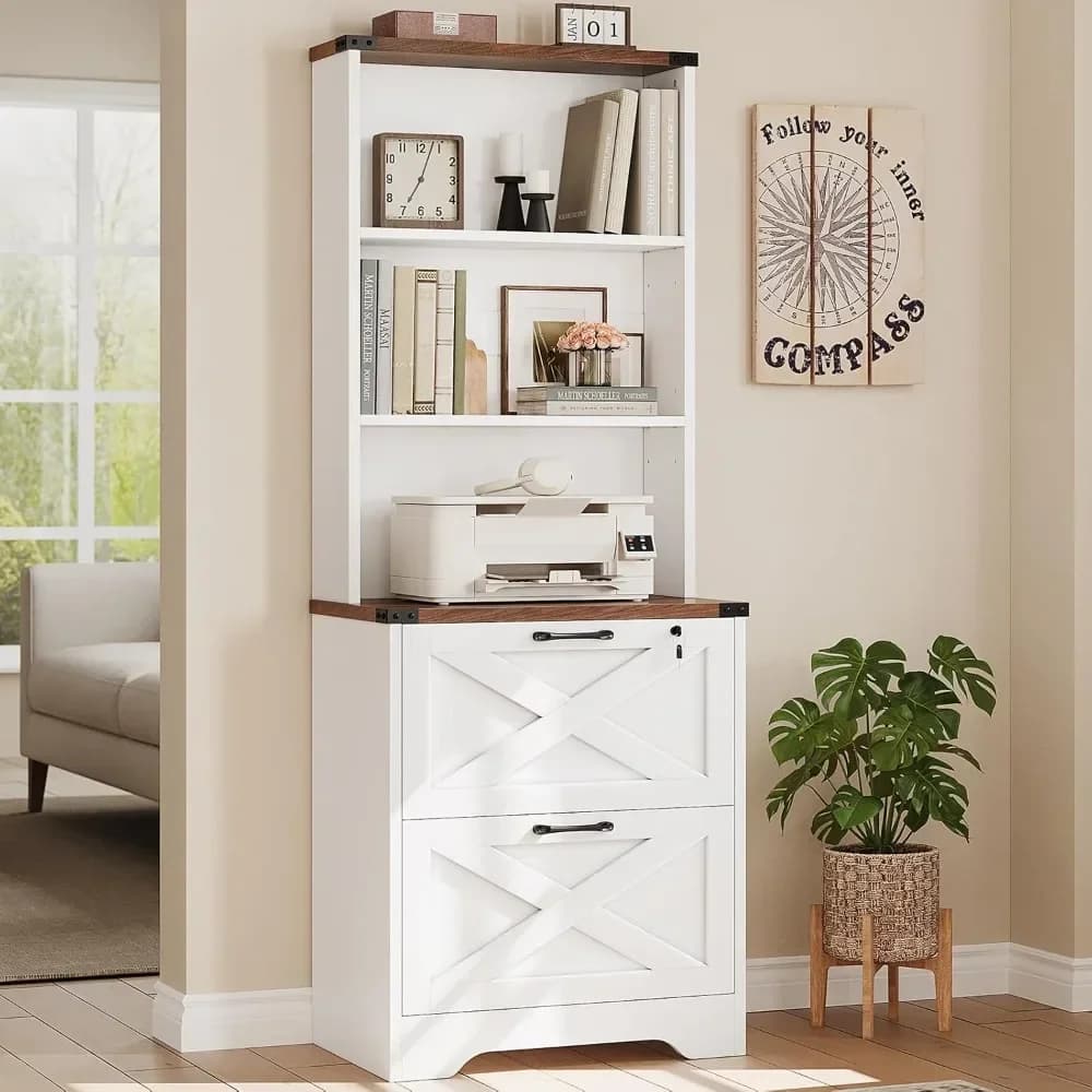 Classificatore a 2 cassetti con serratura, mobiletto portadocumenti in legno per formati Letter, Legal, A4, cartelle sospese, classificatori stile rustico