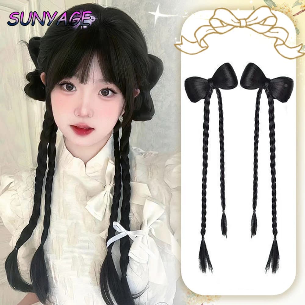 EAST Parrucca sintetica doppia coda di cavallo Fried Dough Twists treccia fiocco nodo giocoso soffice testa a sfera clip di presa