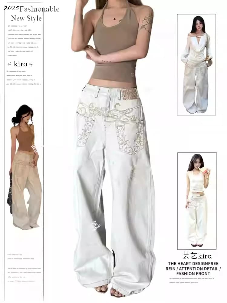 Donne Ricamo Baggy Jean Giapponese Y2K Streetwear Harajuku Pantaloni in denim Hip-pop 2000s Gamba larga High Street Cyber Punk Tomboy