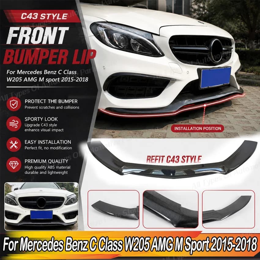 Car Front Bumper Lip Refit C43 Style for Mercedes Benz C Class W205 AMG M Sport 2015-2018 Spoiler Diffuser Blade Body Kit Tuning
