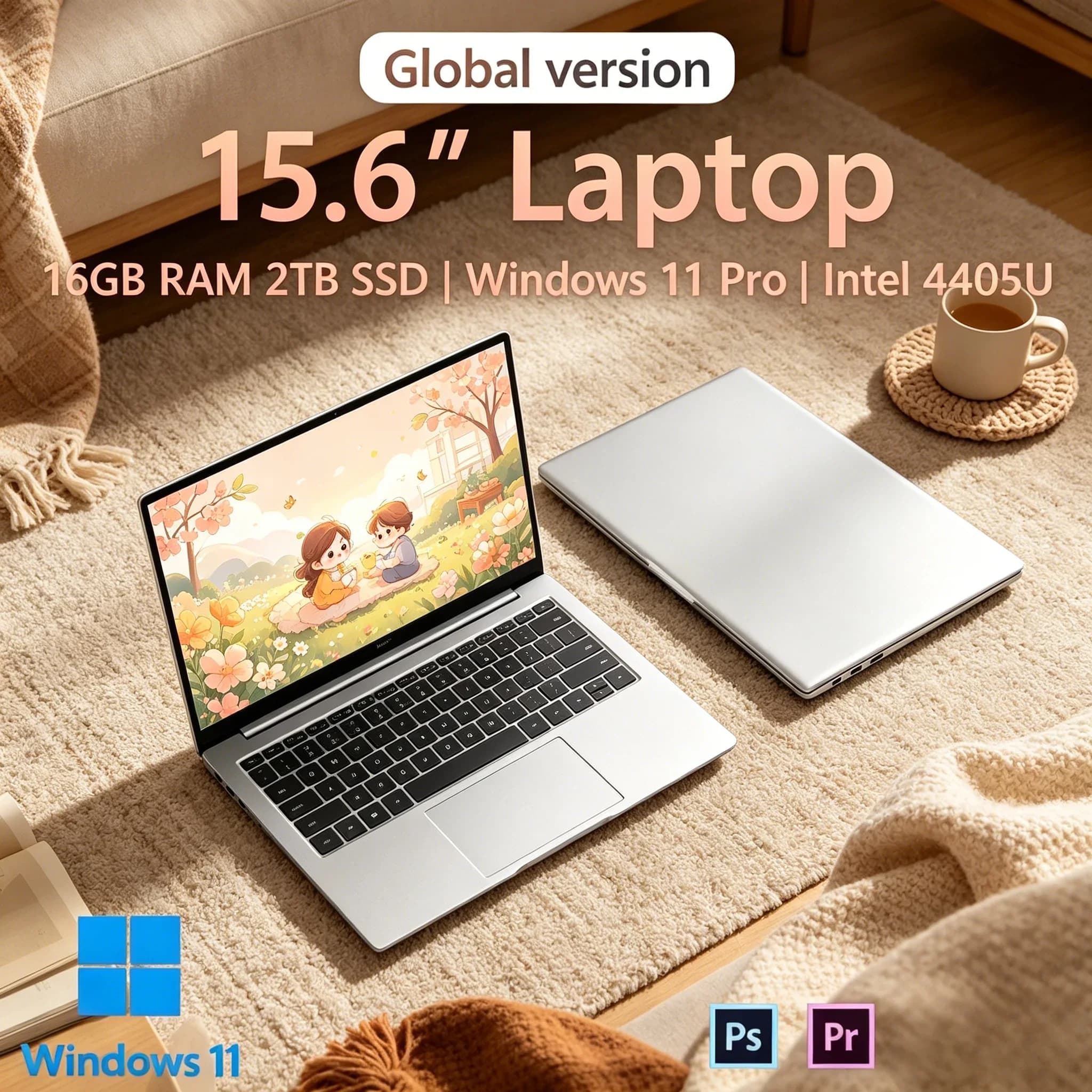 Laptop con Schermo Grande da 15,6 Pollici, Intel 4405U, 16GB RAM, 2TB SSD, Win11 Pro, Computer Portatile per Affari e Studenti
