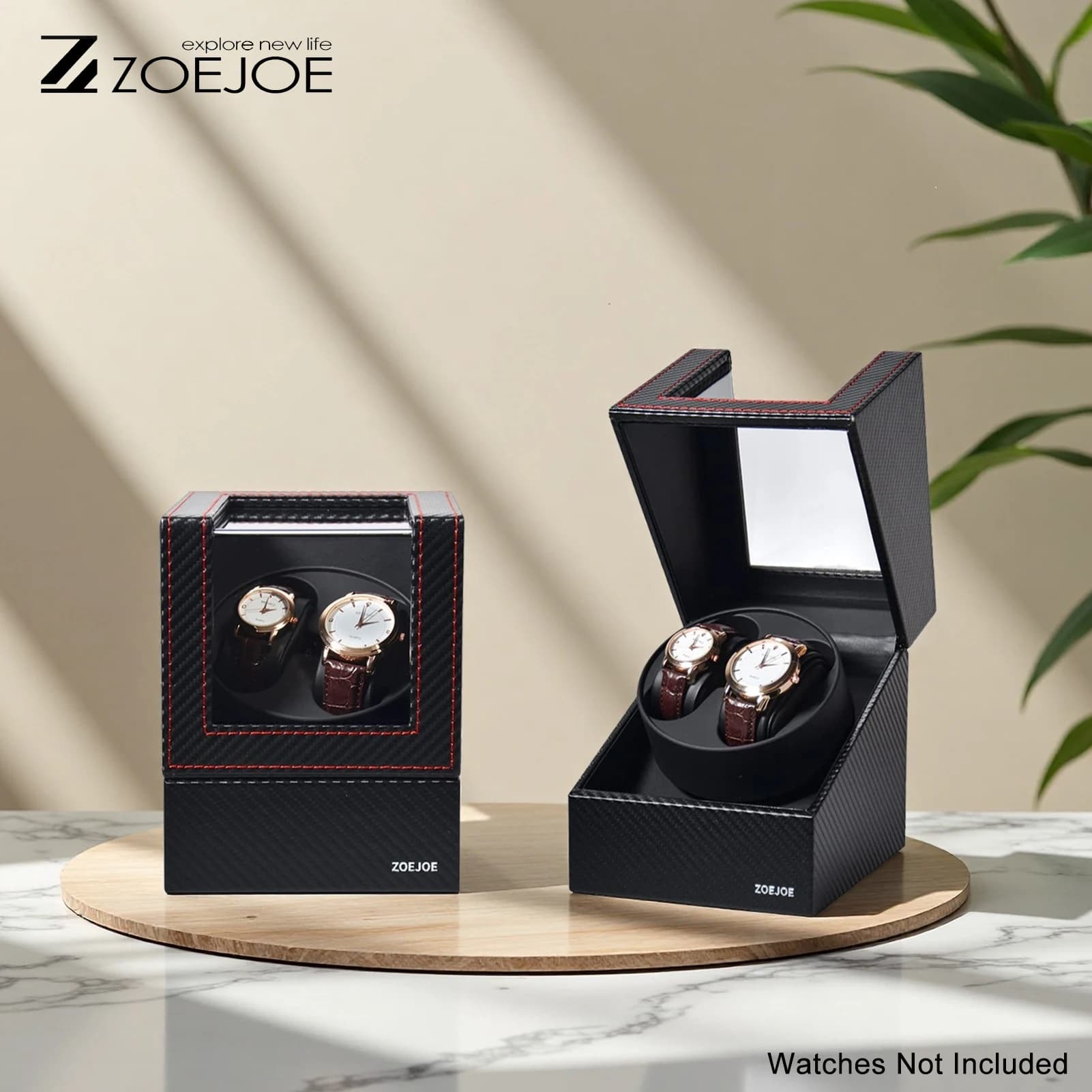 ZOEJOE Automatic Wraper for 2-piece Carbon Fiber and PU Leather Parts with Transparent Cover, Silent, Suitable for Men and Women's Watches
