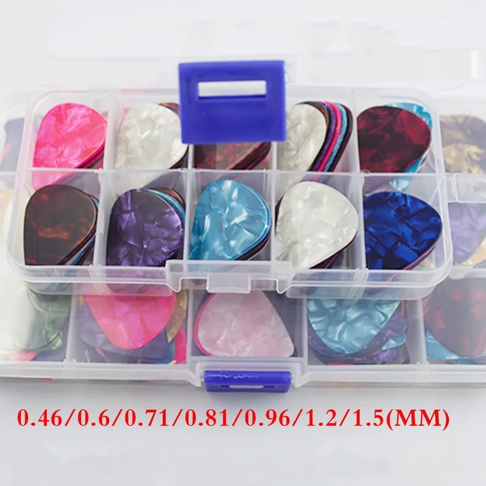 Lotti di 100 pezzi di colore misto con scatola Plettri per chitarra in celluloide Soli Plettro 0,46/0,71/0,81/0,96/1,2/1,5 mm Dimensioni opzionali