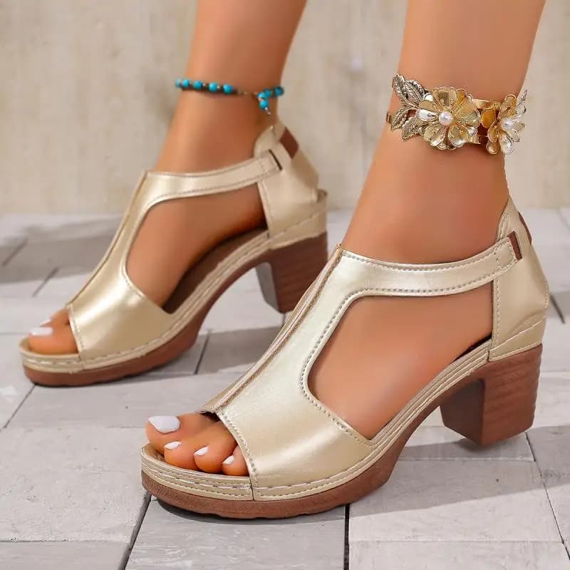 Women's Vintage Peep Toe Sandals with High Heel, Summer 2026, Golden, Elegant, Lightweight, Gladiator Style, Plus Sizes, Women's Comfortable Shoes