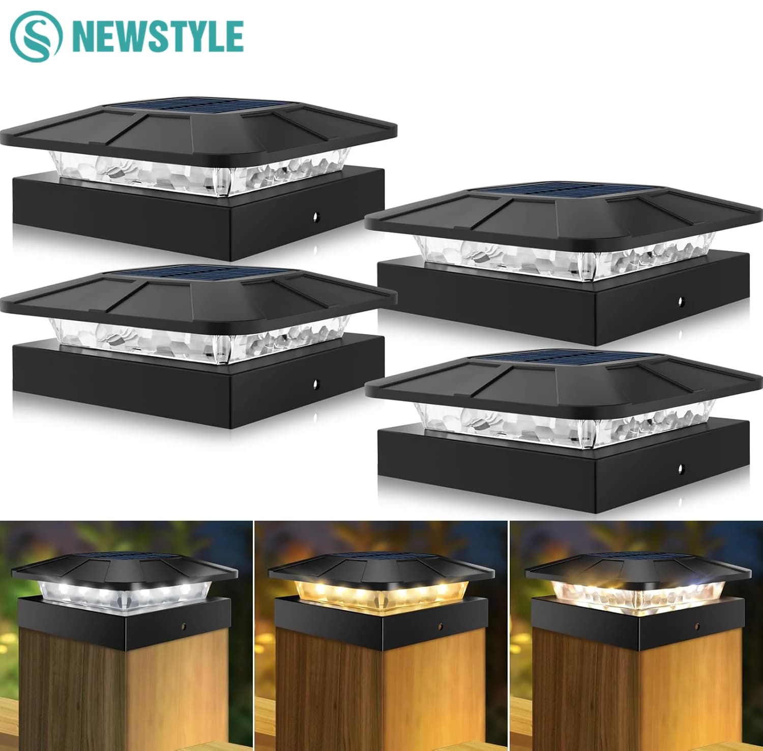 4x4 Inch Outdoor Solar Pole Cap Lights With 3 Modes of Waterproof Solar Energy Fence Light For Wooden / Divine Backyard Lighting