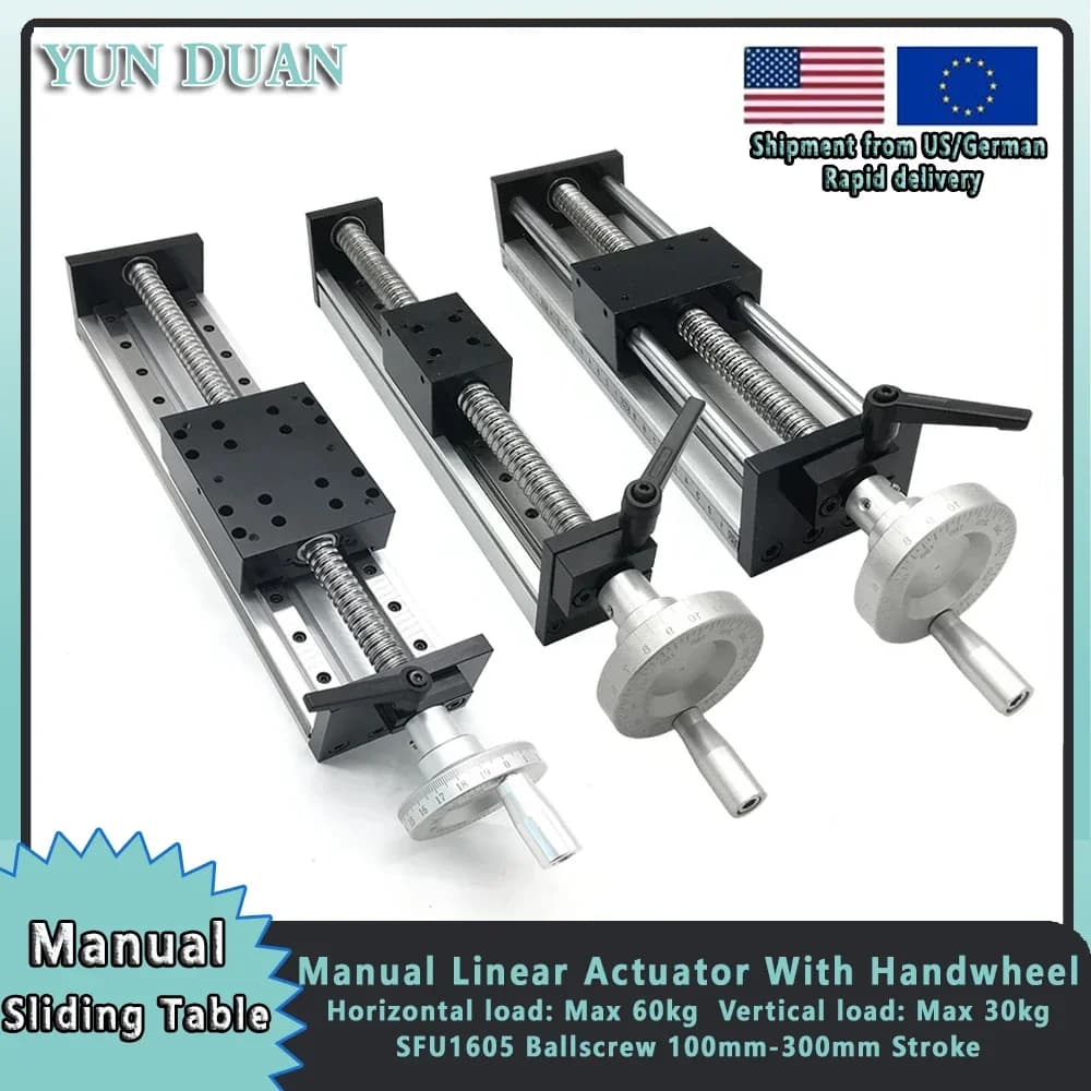 100mm-300mm Corsa SFU1605 C7 Vite a ricircolo di sfere Attuatore lineare manuale Tavolo scorrevole Volantino da palco Guida lineare per stampante 3D CNC 60KG