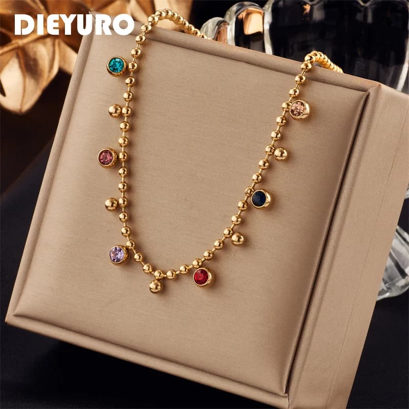 DIEYURO Collana in zircone di cristallo multicolore in acciaio inossidabile 316L per le donne Regali di gioielli per feste di nozze con catena a sfera da donna di moda