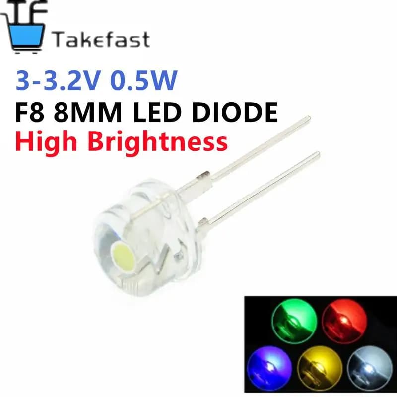 10 pcs F8 8MM white blue green red yellow LED straw hat Super bright light emission diode highlighted white 0.5W astigmatism
