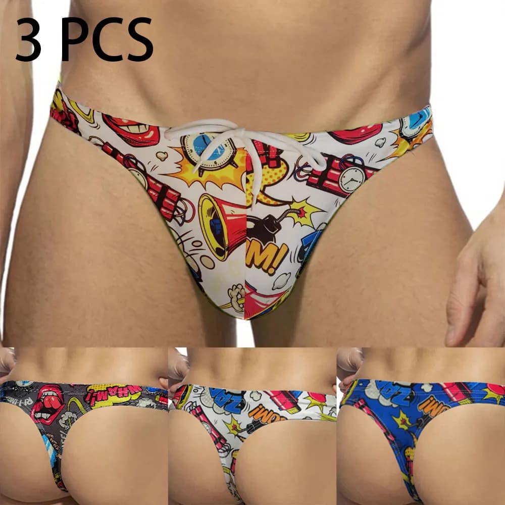 3 Pezzi Costume da Bagno Uomo a Vita Bassa con Stampa Pop Art Cartoon, Sexy Bikini Perizoma, Slip da Spiaggia, Mini Costume da Bagno, Boxer da Nuoto
