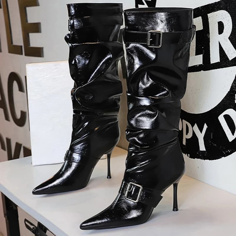 Sexy women's knee boots with 2026 stiletto heel, pointed boots with high heel, design with belt buckle, long pleated leather boots