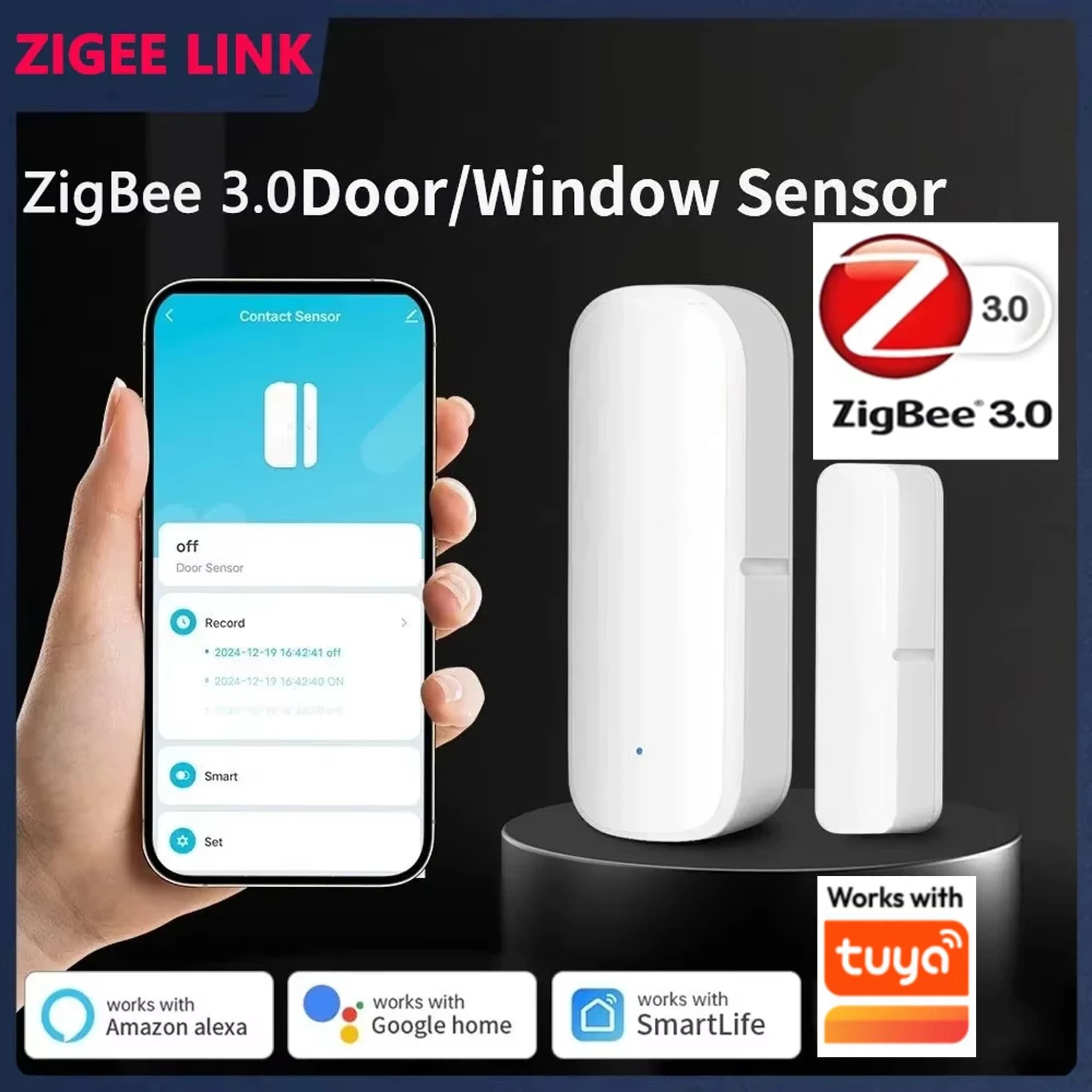 Sensore di Ingresso per Porte e Finestre Zigbee, Allarme Antifurto Tuya per Casa, Rilevatore Magnetico Compatibile con Alexa Google Z2MQTT