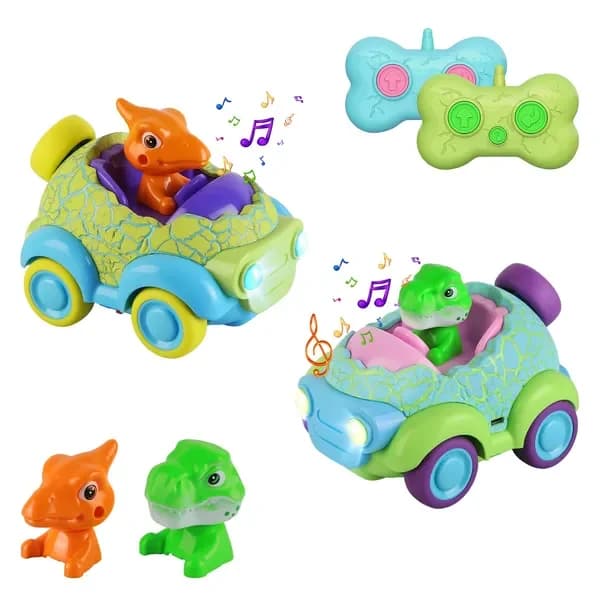 Confezione da 2 auto telecomandate a forma di dinosauro per bambini, auto RC ricaricabili con musica e luci, regalo di compleanno per bambini e bambine
