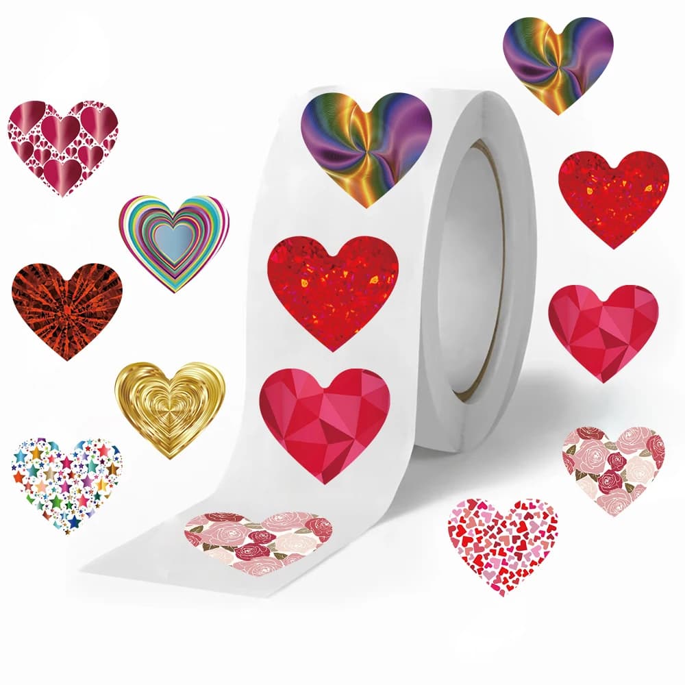 Rotolo di adesivi a forma di cuore brillante da 500 pezzi, perfetti per decorazioni natalizie, etichette regalo, celebrazioni, disegni colorati di adesivi di ringraziamento