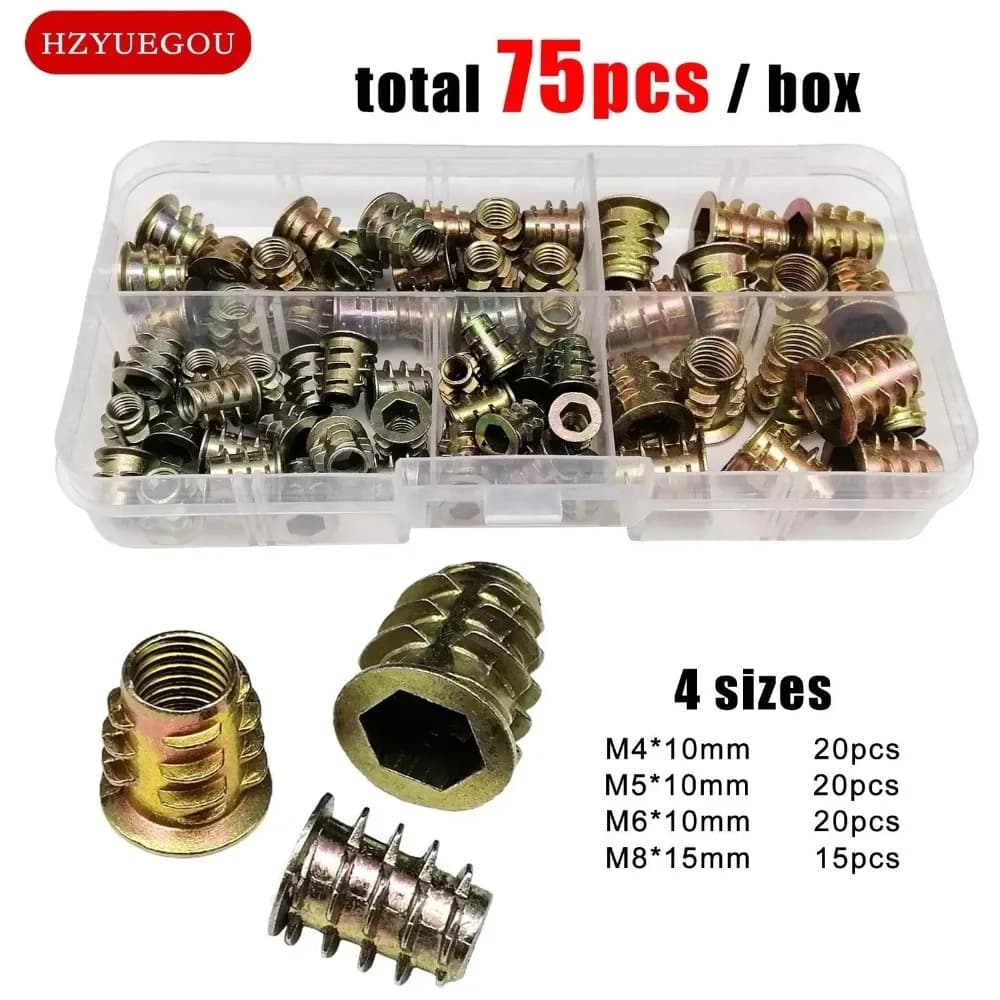 Set of 165/75/55 Threaded inserts E-nut M4 M5 M6 M8 for Wood Furniture, Beds, Wardrobes, Hexagon Head Tables