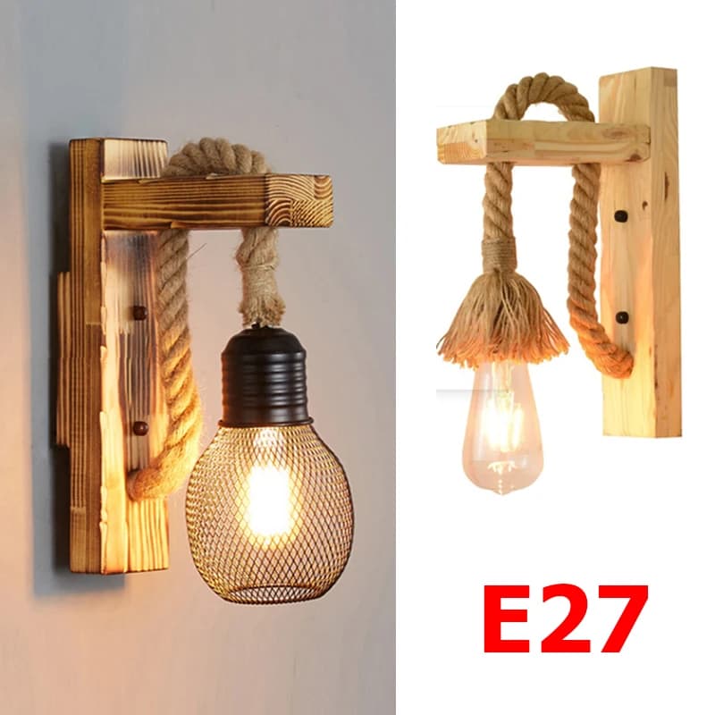 Lampada da parete vintage in corda di canapa con spina Lampada da parete in legno E27 Lampada da parete per corridoio esterno per loft interno Lampada da comodino industriale