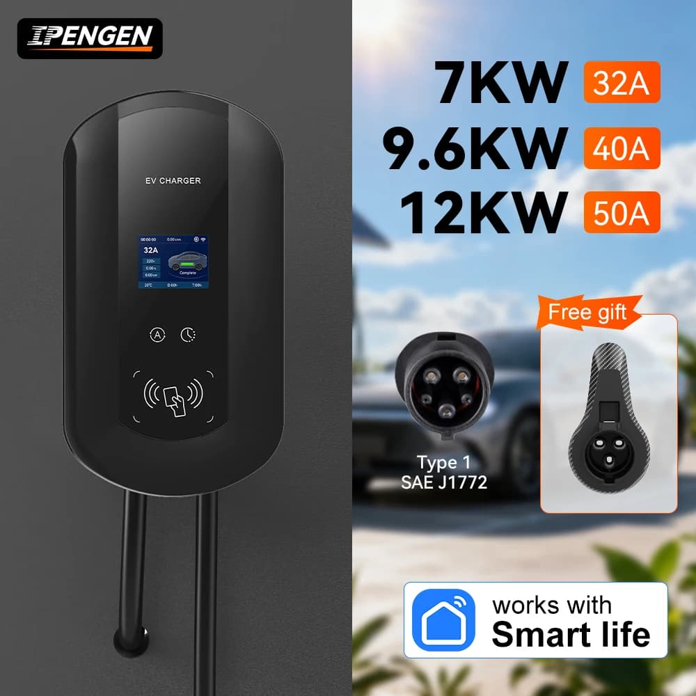 Refill Station EV IPENGEN 32A/40A/50A 7/9.6/11KW Electric Car Charger Type 1 J1772 EVSE Wallbox with APP Control and 5m Cable