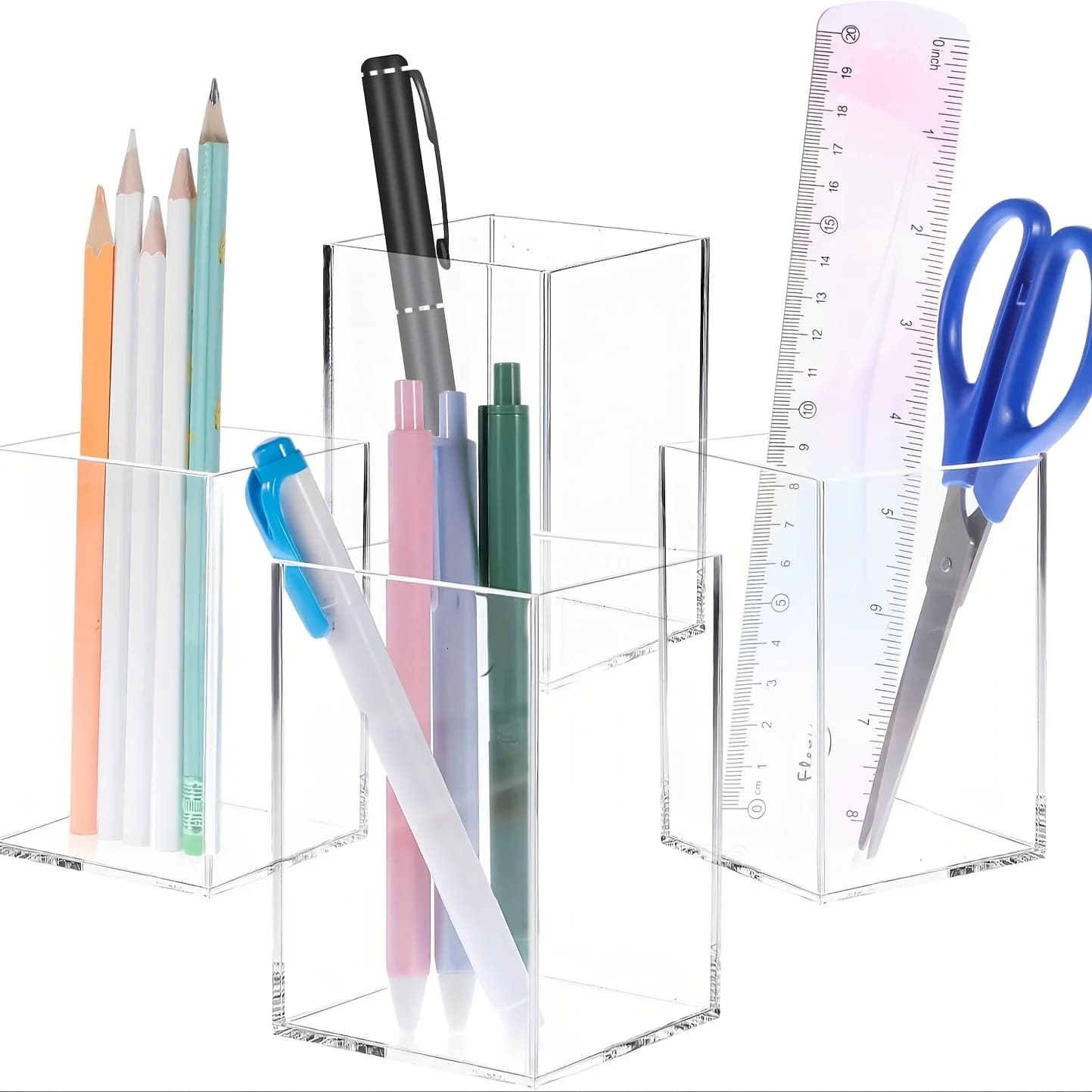Portapenne quadrato in acrilico da 4 pezzi, bicchiere trasparente, portaoggetti per pennelli per trucco, organizer da tavolo per ufficio, scuola, casa, portatile
