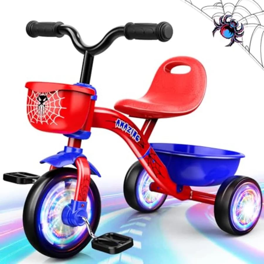 Children's Tricycle 1-3 Years and 3-5 Years, Children's Spider Bicycle with Colorful Bright Wheels, Big Basket, Birthday Gift and Toy