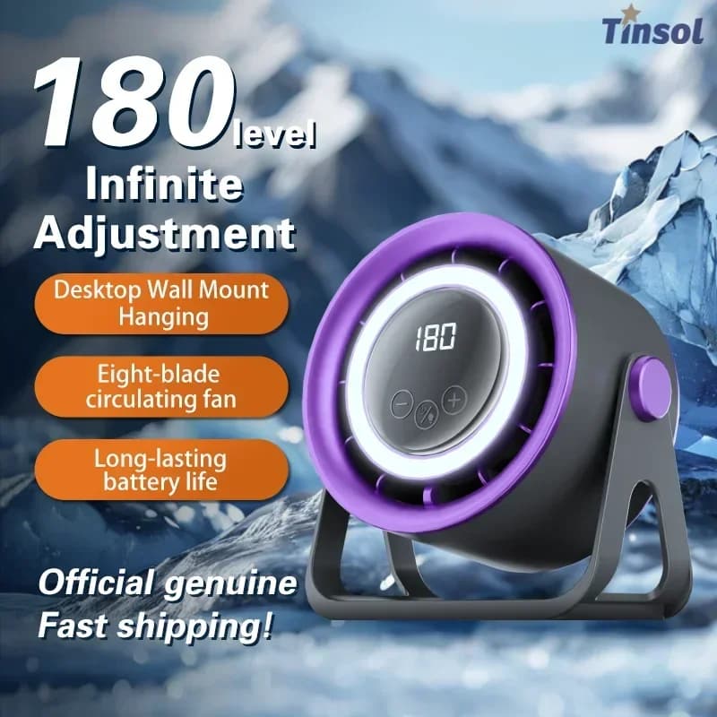 TINSOL Ventilatore elettrico portatile senza lama 180 velocità infinitamente variabile con luce ambientale Dispositivo di raffreddamento dell'aria da soffitto per montaggio a parete da tavolo