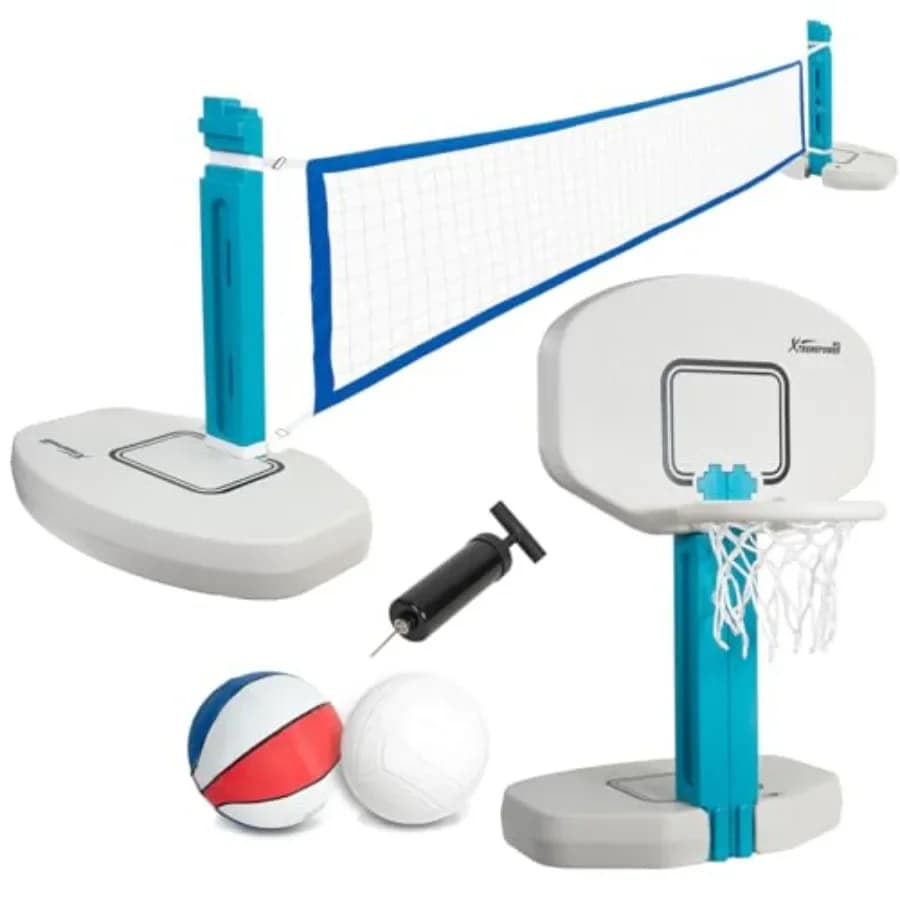 Set 2-in-1 per Pallavolo e Canestro da Basket per Piscina, Materiale HDPE, Blu/Arancione, Dimensioni Regolabili, Resistente per Esterni