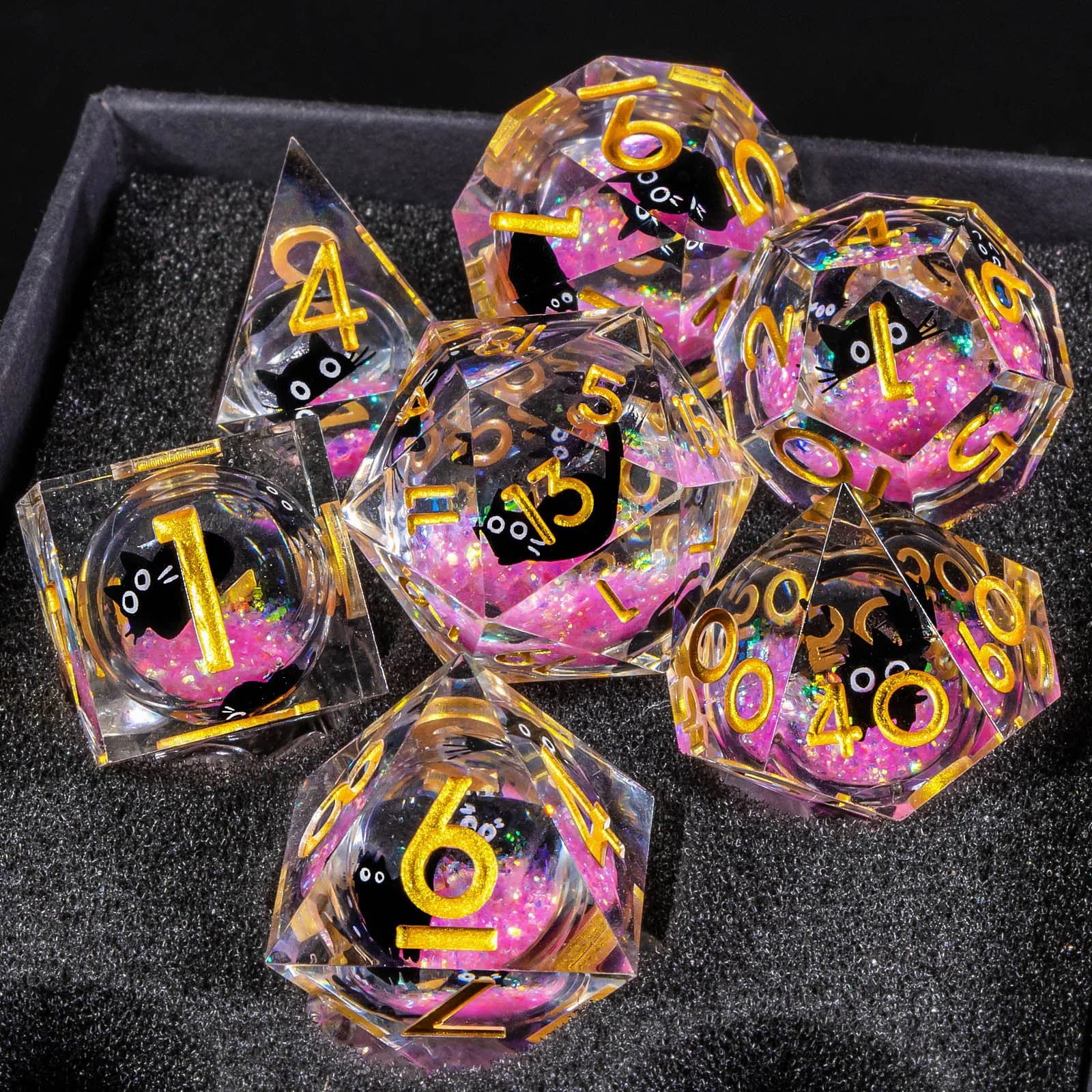DND Resin Dice Set, Liquid Core Cat D&D Dice, Cute Dungeon and Dragon Dice, Sharp Edge Role Playing Dice D20 D12 D10 D8 D6 D4