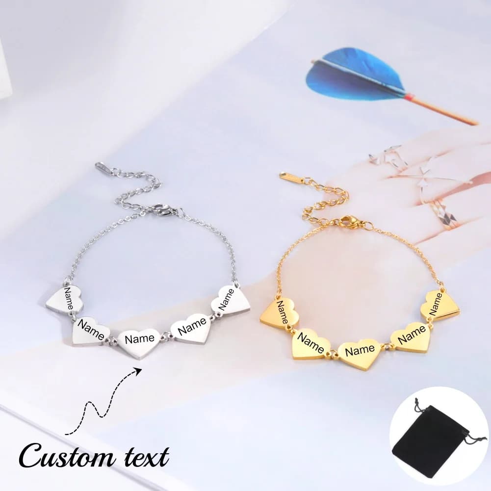 Bracciale con nome personalizzato Amore Bracciale in acciaio inossidabile personalizzato con 5 sculture a forma di cuore Nome Data Bracciale Gioielli per la casa di moda