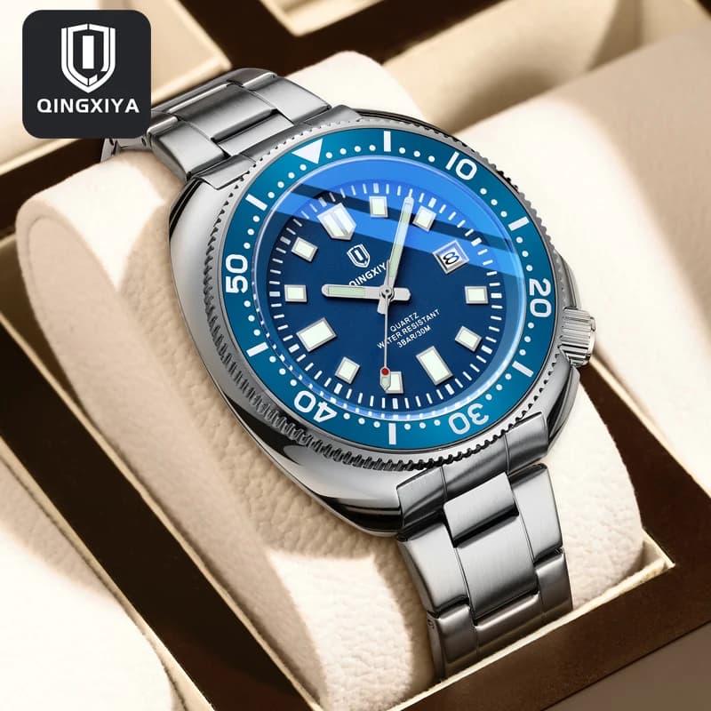QINGXIYA brand fashion classic men's blue quartz watch luxury stainless steel calendar waterproof men's watches Relogio Masculino