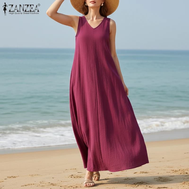 ZANZEA Women's Sleeveless Cotton Dresses Strong Size, casual, with V-neck, plain color, A-line, beach-wide summer dress, size up to 5XL