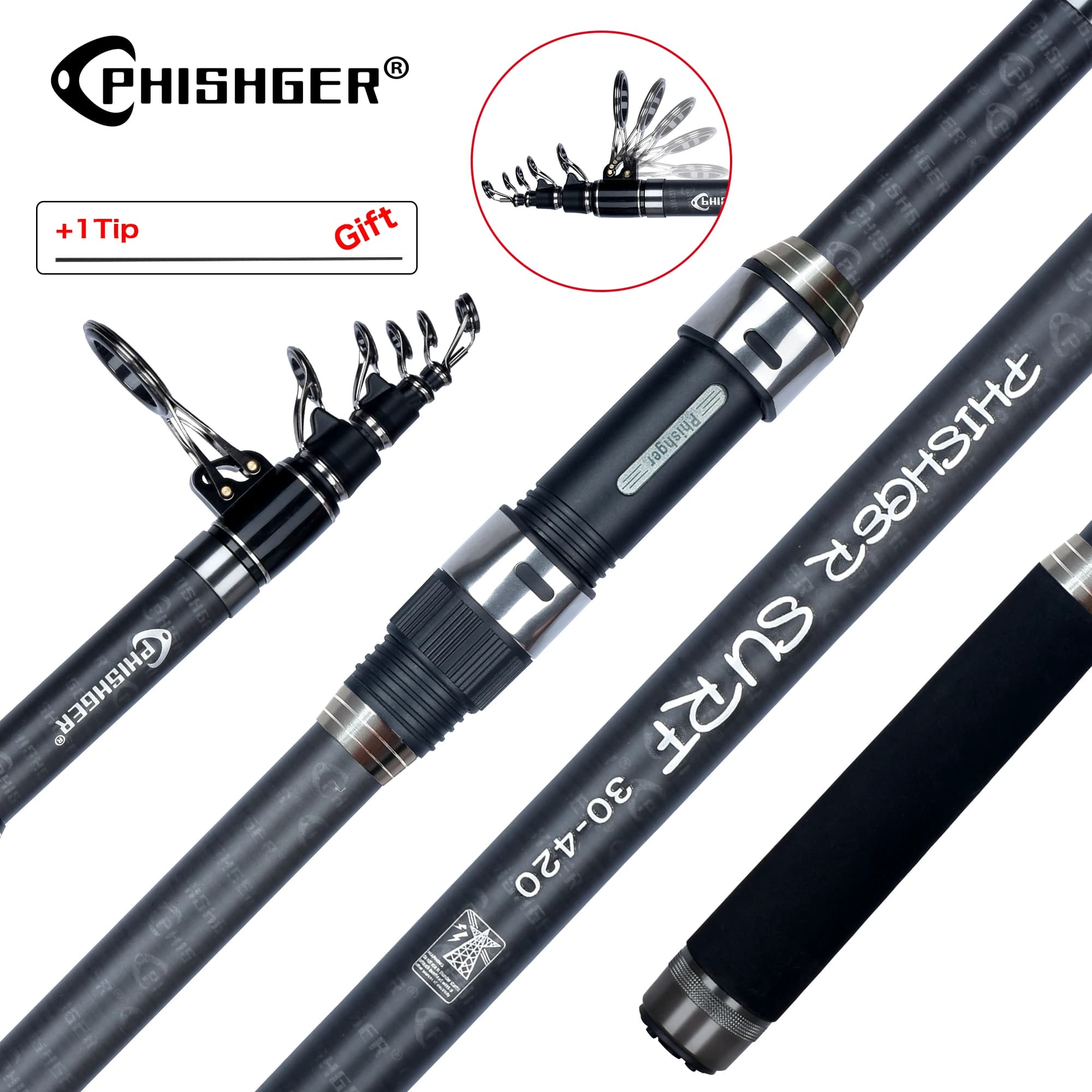 PHISHGER telescopico Surf Spinning Rod 3.6/4.2/4.5m Power80-150g 30T Carbon Travel Surfcasting Shore Casting Biutifu canna da pesca