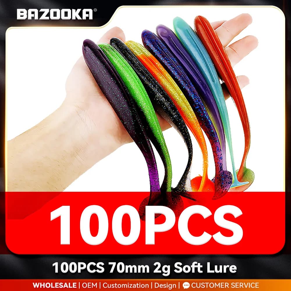 100PCS 70mm 2g Bazooka Shad Verme Fishing Rich Soft Large Silicone T Coda Easy Shiner Esca Wobbler Swimbait Fishing Luccio Spigola Winter