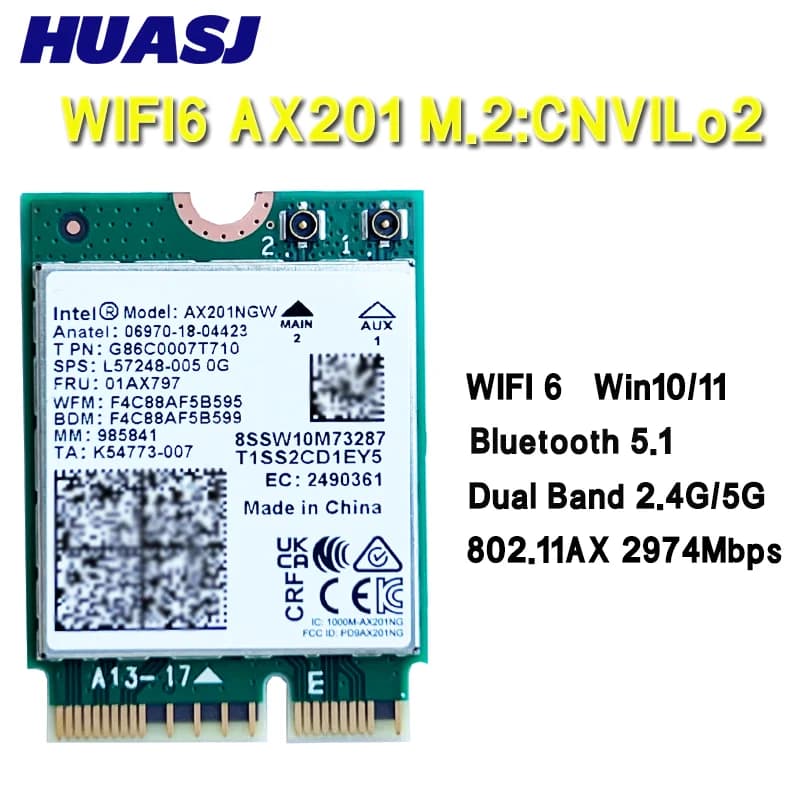 Dual Band 2400Mbps Wireless Wi-Fi 6 Intel AX201 For Bluetooth 5.0 NGFF Key E CNVio 2 Wifi Card AX201NGW 2.4Ghz/5Ghz 802.11ac/ax