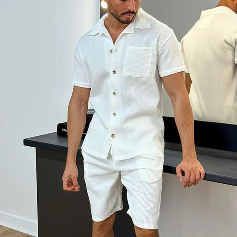 Complete Men's Summer Plus Size: Casual shirt with buttons and shorts in Mixed Polyester Breathable for Open Activity