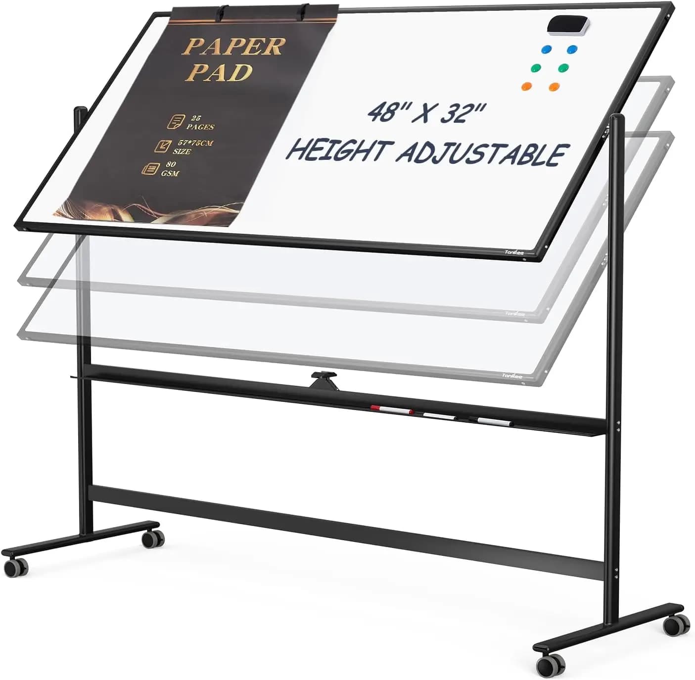 Lavagna magnetica bifacciale mobile da 48x32 pollici con ruote - Lavagna reversibile cancellabile a secco per ufficio, aula, casa