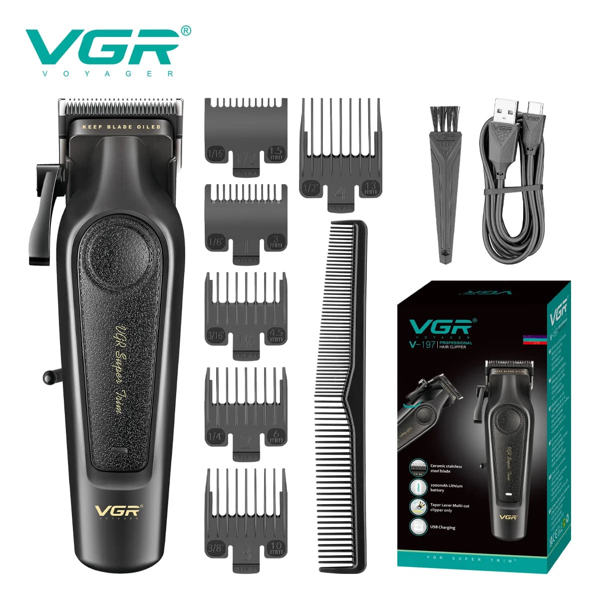 VGR high-end professional hair cutter with metal body and leather coating, 7000 RPM oil head for cutting and cutting V-197