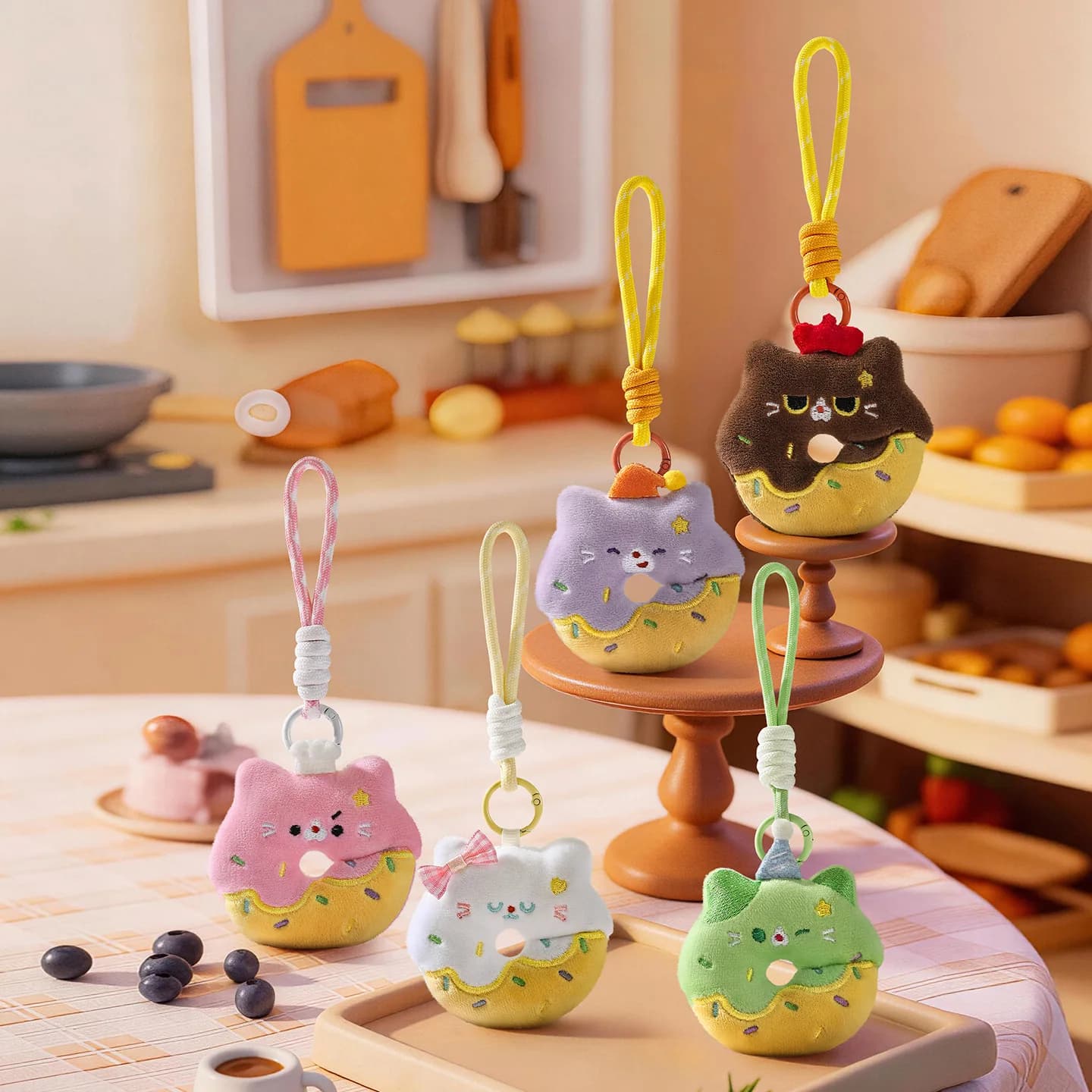 Furry doughnut pendant, cute cat keychain, bag hanger, jewelry for mobile phone chain, as a gift for girls