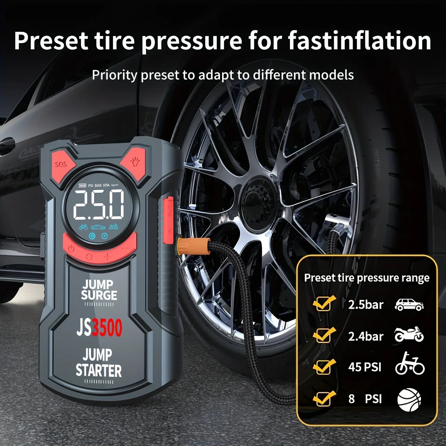 Avviatore d'Emergenza per Auto 5-in-1 Multifunzione, 3000A di Picco, Compressore d'Aria Digitale 150PSI, Gonfiatore Pneumatici, Pompa d'Aria Portatile