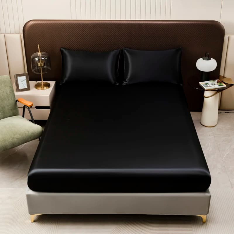 3 pieces sheet with black satin corners Solid color Twin Full Queen King covered in iced silk with elastic band pillowcase