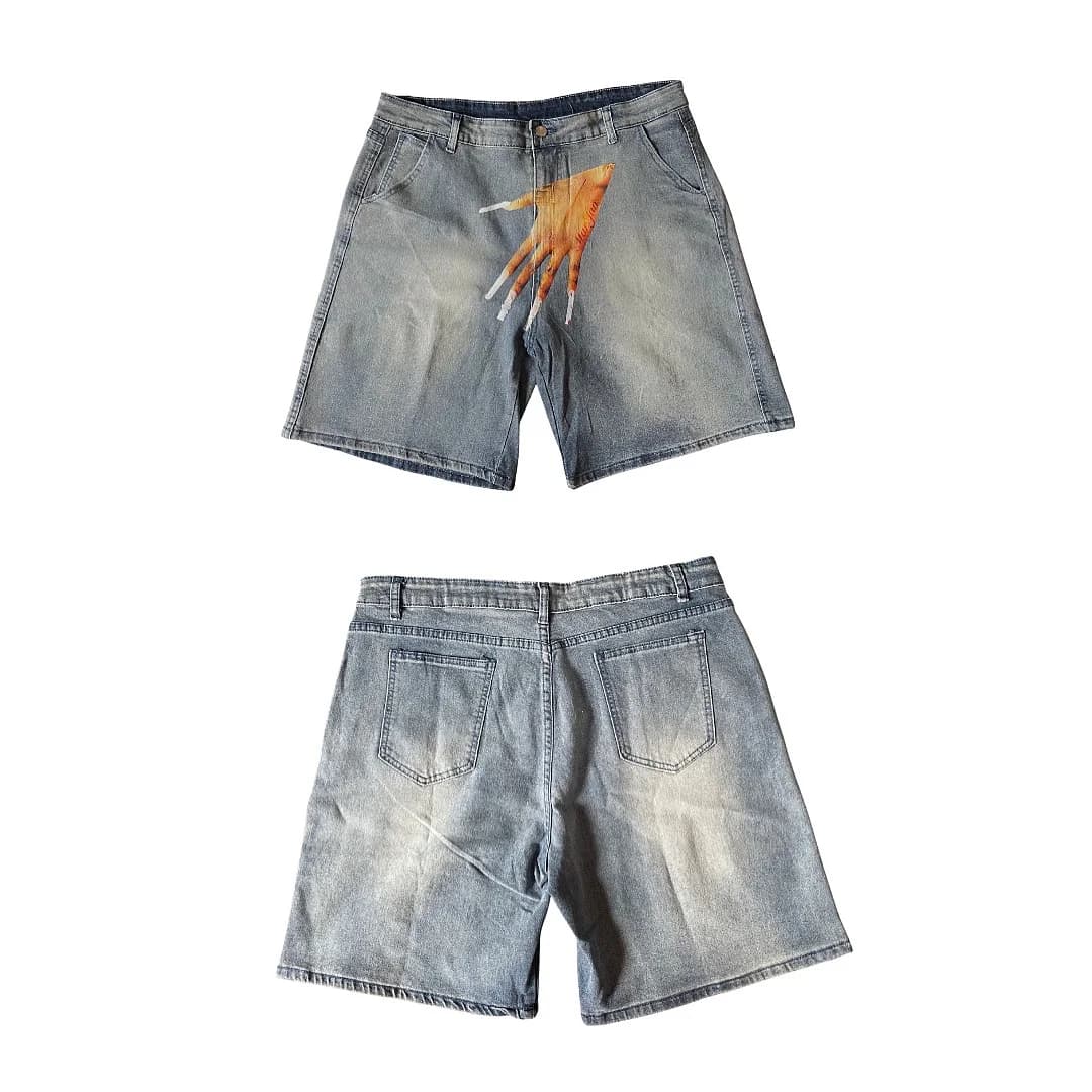 Blue Harajuku Hip Hop Shorts with Hand Print for Women 2026 New Jeans Streetwear Y2k Gothic Pants in Denim Women's Clothing