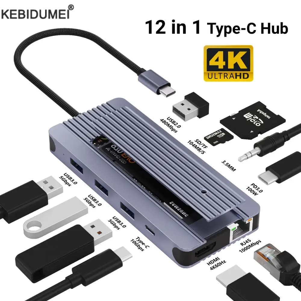Docking station SSD M.2 Hub type C 12 in 1 SD card TF PD 100W with HDMI 4K 60Hz 1000M Ethernet for MacBook Pro Air M1