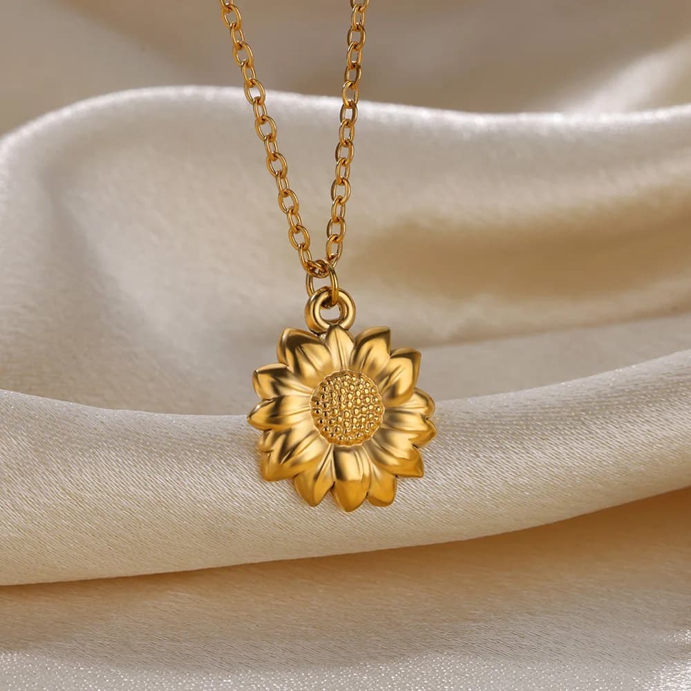 Sunflower Pendant Stainless Steel Necklaces For Women Gold Color Geometric Round Sunflower Necklace Party Wedding Jewelry Gift