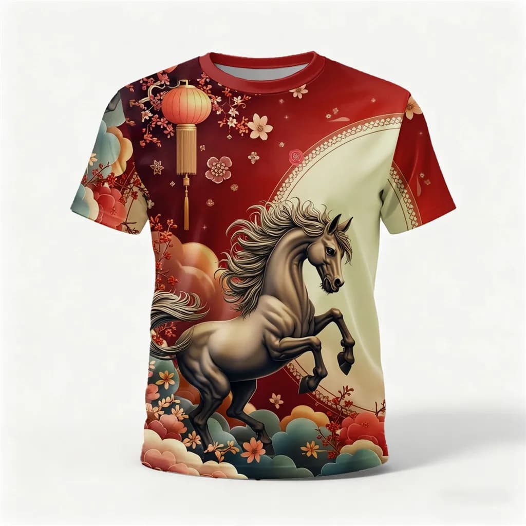 Happy New Year, Horse Year, 3D Printed T-shirt, Quick Drying, Casual, Crew Neck, Short Sleeved, New Elegant Design