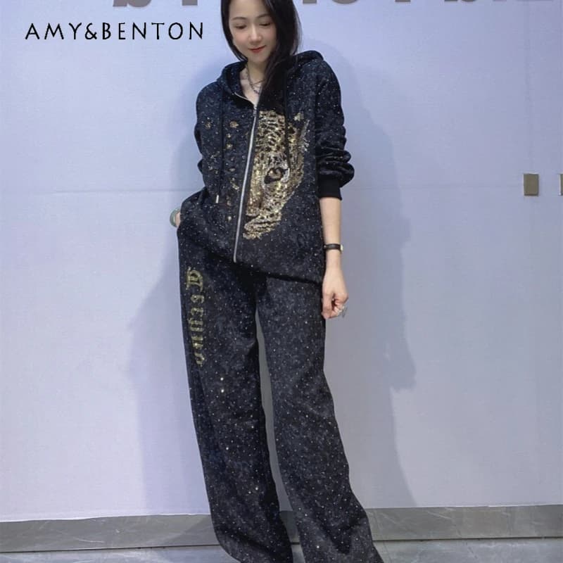 Cardigan sweatshirt with zip tie-dye Women's suit Autumn Diamond Drills Straight leg casual pants Outdoor sportswear Two piece set