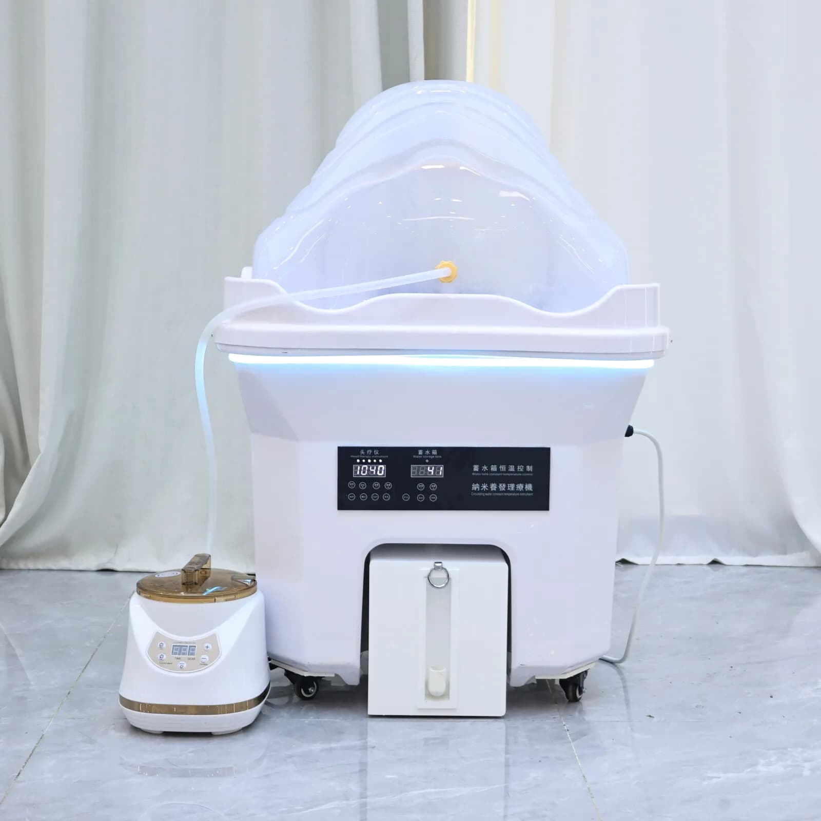 Lavabo Portatile per Parrucchieri Senza Tubi - Vasca Doccia - Lavandino con Terapia a Vapore e Luce LED - Fissaggio con Ruote sul Fondo