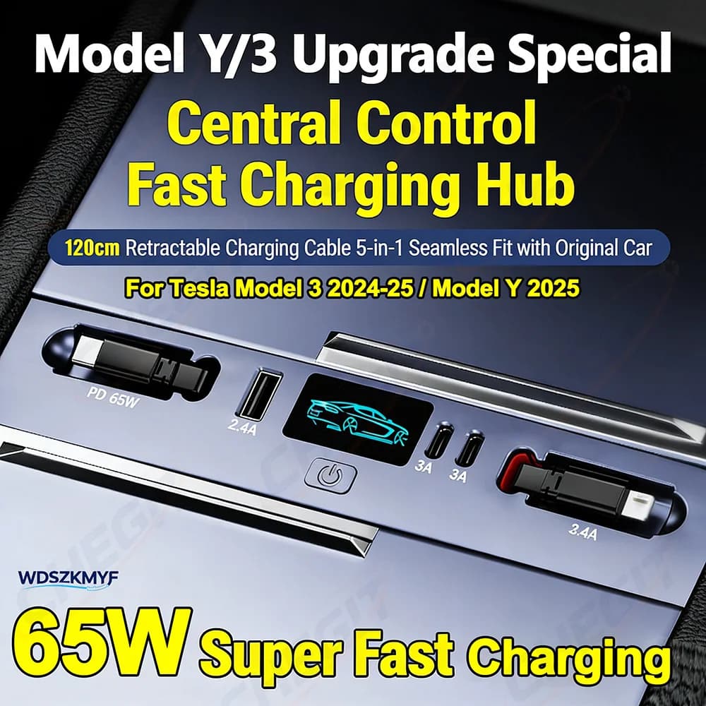 5IN1 For Tesla New Model Y Juniper 2025 Model 3 Highland 2024 65W 45W Central Control Fast Charging USB HUB Expansion Dock